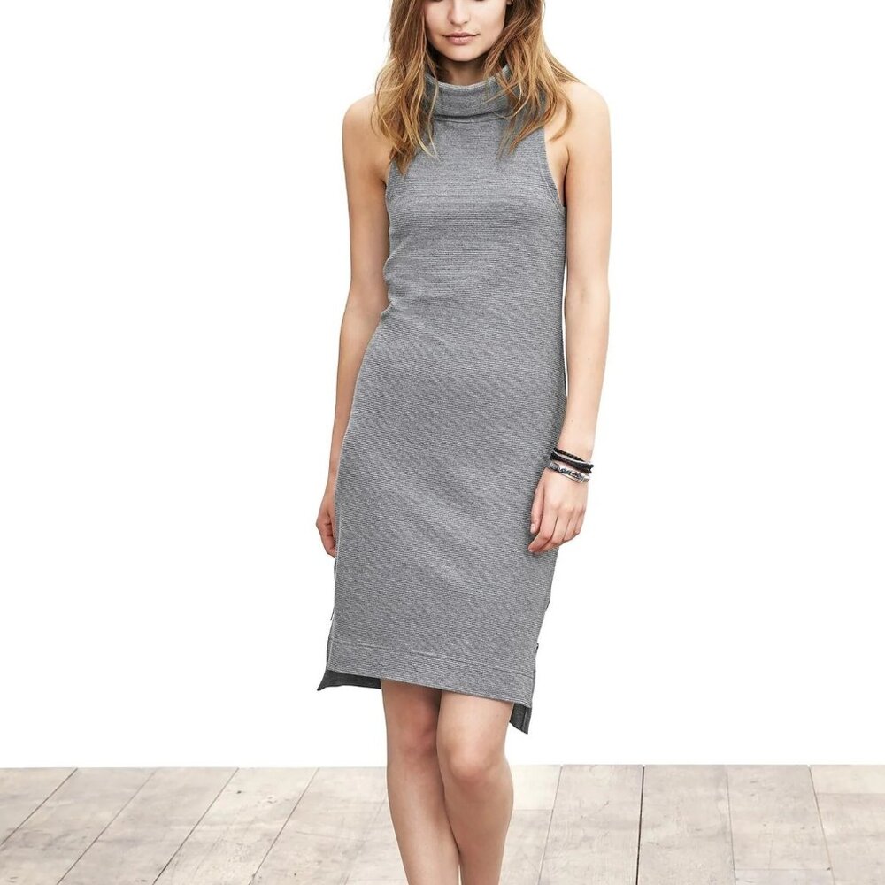 Banana Republic Size XL Gray Micro-Stripe Sleeveless Knit Turtleneck Tunic Dress